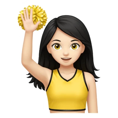A long black hair teen girl waving pom-poms, eyes sparkling with excitement, yellow cheer leader top sticker