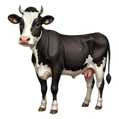 Cinematic Noble Black and White Cow Portrait Emoji, Poised and regal, with a large, sturdy build and a striking, well-groomed coat of pure black accented by crisp white patches, deep-set soulful brown eyes, Simplified yet sharp and sophisticated features, highly detailed, glowing with a soft, dignified glow, high shine, intelligent and calm, stylized with an air of modern elegance, focused and attentive, soft glowing outline, capturing the essence of a watchful and confident bovine guardian, so majestic it feels as though it could stride out of the screen with effortless authority! sticker