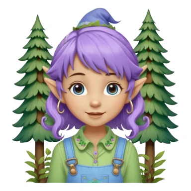 Kind happy whimsical quirky Girl toymaker, wood carving elf. Woodland nature creator. Blue eyes. Short bob, brown wavy hair with bangs. Whimsical playful cute. Overalls with nature embroidered cute shirt collar. Light green, light purple and light blue colour aesthetic  sticker