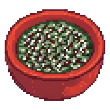 Small ceramic bowl filled with tiny sesame seeds, red bowl sticker