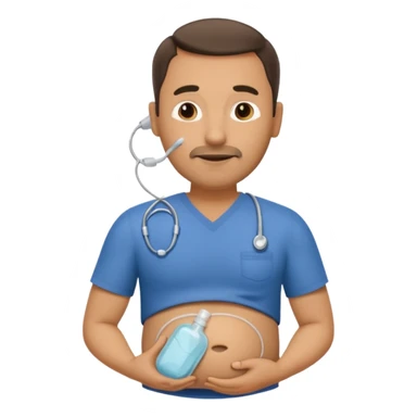 A man in his mid-40s with a stoma bag on his stomach. sticker