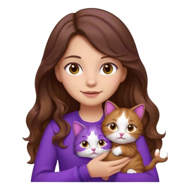 a girl with long wavy brown hair and brown eyes, wearing purple clothes, holding a three-color cat, emoji style sticker