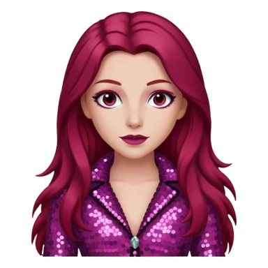 Chappell Roan (b.1998) with long dark red hair, dark pink sequin outfit, makeup sticker