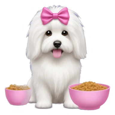 Long haired Coton de Tulear dog with pink harness and pink hair bow, pink dog bowl with kibbles sticker