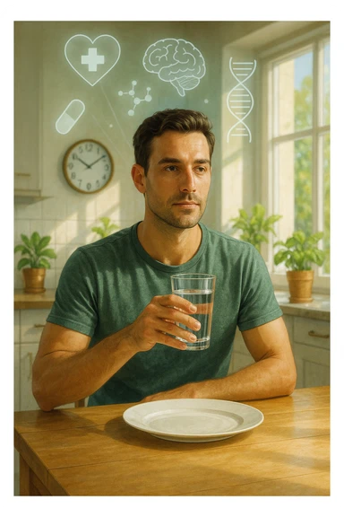 A realistic, cinematic illustration of a healthy, calm man in his early 30s sitting in a bright kitchen in the morning, with an empty plate in front of him and a glass of water in his hand, looking serene and focused. Behind him, the background shows subtle symbols of health: green plants, sunlight streaming in, and a blurred wall clock showing 10:00, symbolizing the fasting window. Above the man, a translucent overlay of medical icons (heart, brain, DNA strand) glows softly, illustrating that intermittent fasting acts as a powerful medicine, not merely a diet. The color palette is fresh and natural, emphasizing health, clarity, and focus. The style is realistic with slight cinematic tones, conveying that the man is using intermittent fasting as a tool for cellular regeneration, inflammation reduction, and health optimization rather than weight loss in italiano sticker