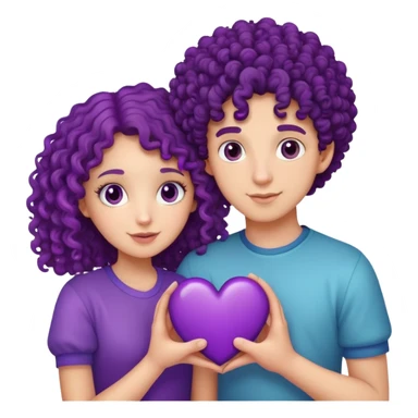 A curly haired girl and boy holding together a purple heart  sticker