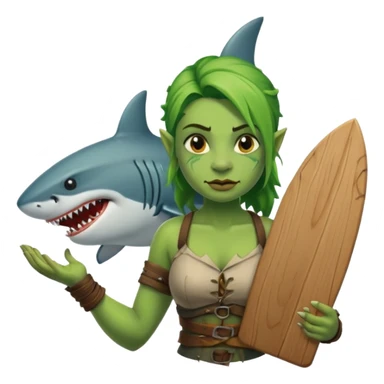 orc female holds a board with a shark painted vertically in his hands sticker