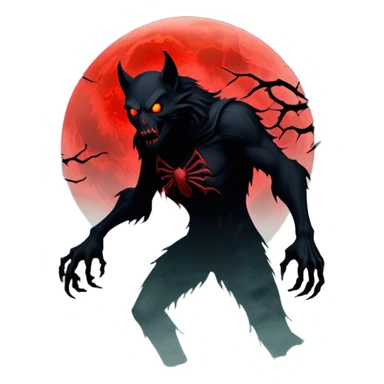 Icon for Horror Movies: A chilling collage with a monstrous werewolf or vampire, dark silhouettes, eerie graveyards, and creepy elements like spiders and tombstones. Ghostly fog surrounds, with a blood-red moon in the sky. The atmosphere is unsettling, eerie, and haunting. Transparent background. sticker