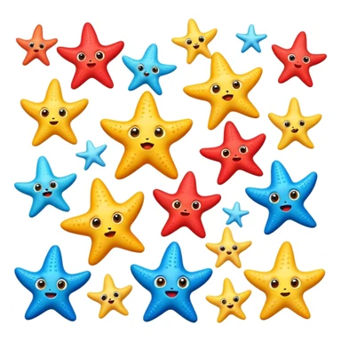 Cartoon-style starfish emoji set with big expressive eyes, showing emotions: happy, sad, angry, surprised, scared, in love, confused, excited, bored, embarrassed. Vibrant colors, soft texture, clean background. sticker
