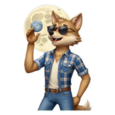 friendly anthropomorphised wolf in jeans and plaid shirt, wearing dark sunglasses, howling with the moon in the background, dynamic pose sticker