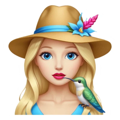 bust woman long blonde hair blue eyes white skin with hummingbird hat and nectar glow lips sticker