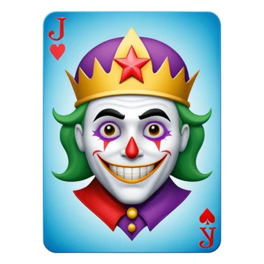 1 poker card, perfectly squared card, with crazy colorful human jolly joker inside, star symbol with a "J" sticker