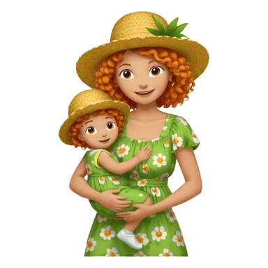 A cheerful orange curly hair mom in a straw hat carrying her child, wearing a green flowery dress sticker