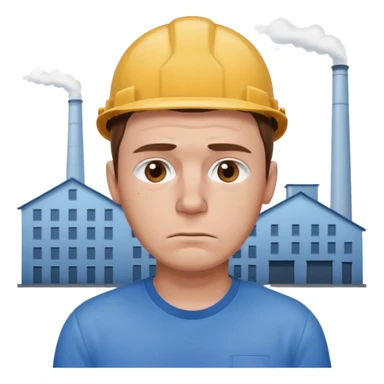tired sad man with sweat on forehead, factory behind sticker