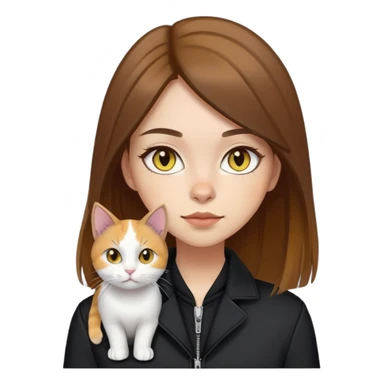 Light-skinned girl with brown straight hair wearing a black jacket, with a white cat with yellow eyes and a calico cat sticker
