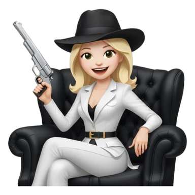 Mafia blondes Laughter woman in hat , gun ,black armchair , white costume  sticker