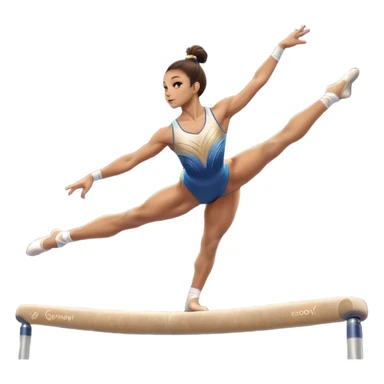 An acrobat performing a dynamic move on the balance beam, rings, or parallel bars, showcasing strength and precision. The acrobat is in mid-action, gracefully balanced, with a focused expression. The background features a professional gymnastics gym with bright lights and a cheering crowd sticker