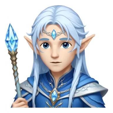 Legendary fantasy Christmas elf portrait icon, Santa Claus and Snow Maiden inspired, ancient winter spirit style, long flowing white-blue hair, glowing frost eyes, crystal staff, elegant elven features, divine winter magic aura, icy silver color palette, highly detailed but clean emoji icon male sticker