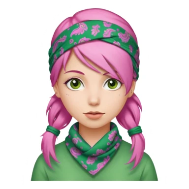 woman with a green paisley bandana and pink hair sticker