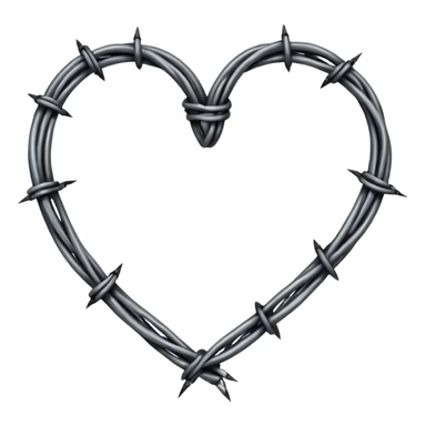 Minimal black line art heart made from barbed wire, hand-drawn sketch look, uneven ink strokes, 6–7 barbs with twisted knots, simple clean outline, centered on plain white background, high contrast sticker