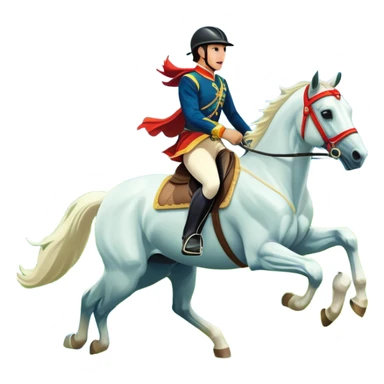 An icon showcasing a majestic horse and rider in full gallop across a lush green field. The background features a clear sky, distant mountains, and a vibrant landscape. The rider wears traditional gear, while the horse leaps with grace and power. Transparent background sticker