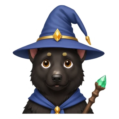 all black german shepherd face wearing a wizard hat and staff sticker