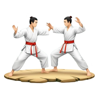 Two martial artists in traditional Wushu attire, performing elegant, fluid moves. The background shows a peaceful, scenic landscape with mountains and bamboo trees, symbolizing the balance of power and grace in Wushu.  sticker