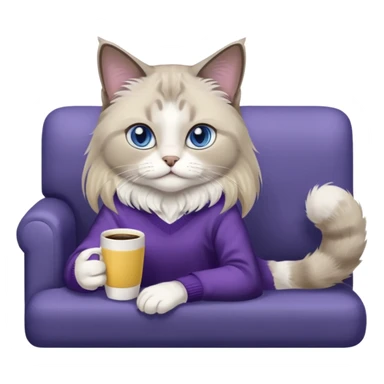 a cute blue eyed brown and white ragdoll cat with white paws and brown and beige tail wearing the dark violet sweater with yellow letteting "Milena" sitting on a grey sofa with grey laptop branded lettering "Lenovo", it` not brand Apple - only Lenovo and drinking coffee sticker