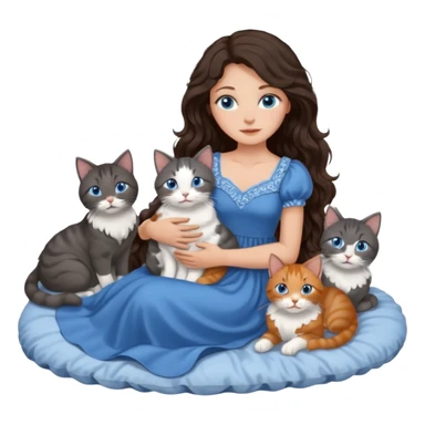 detailed realistic looking a dark grey and white cat regally laying with six other cats, cuddling with their owner in bed who is a pretty bratz lightly tanned white girl with long dark brown hair, blue eyes and gorgeous long wavy hair wearing a pretty detailed dress sticker