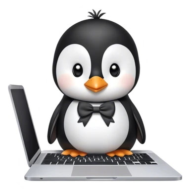 a cute penguin wearing bow, sitting in front of a macbook sticker