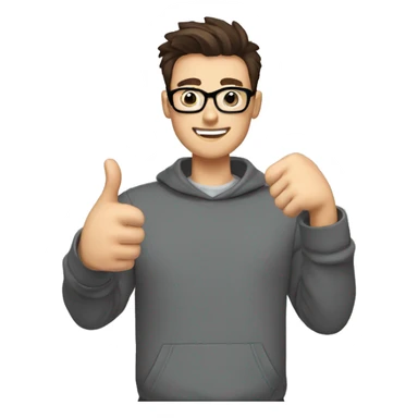 a man with short brown hair, quiff, beard and black round glasses, dark brown eyes, wearing a gray sweatshirt and a professional camera, giving a thumbs up sticker