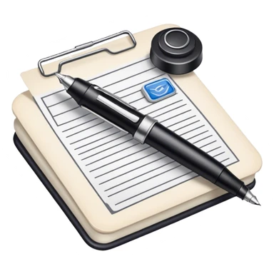Create an emoji representing journalism and publicistic writing. The design should feature an open newspaper or a stack of articles with visible text columns, symbolizing opinion pieces and analysis. A classic fountain pen or ballpoint pen should be placed near the papers, indicating the act of writing. Optionally, include a small microphone or a press badge to emphasize investigative and journalistic aspects. Use neutral and professional colors like black, white, and muted blue or red. Do not include any emojis or smiley faces. Make the background transparent. sticker