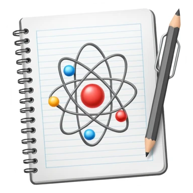 open notebook with an atom symbol on the page sticker