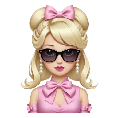 A woman with light blonde hair styled in a large bow-shaped updo.  The hair has bangs and is very long, cascading down her shoulders.  The woman is wearing large, dark, square-framed sunglasses.  Her makeup includes light pink lipstick and subtle eyeshadow.  A strand of pearls is visible around her neck.  She is likely of Caucasian ethnicity.   sticker