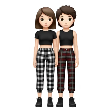 white girl with short brunette hair and eyelashes a little long with a black crop top and black and white plaque pants on top of a white boy with brunnete fluffy hair and long black shirt on and black and white plaque pants. sticker