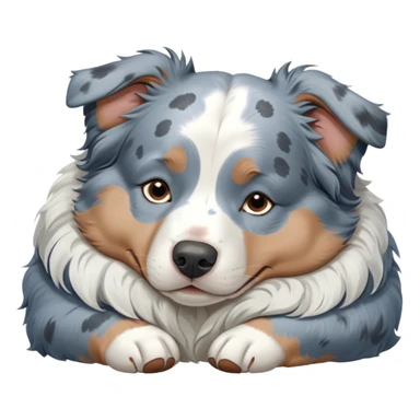 Cinematic Chubby Sleeping Blue Merle Australian Shepherd Portrait Emoji, Chubby and serene, with a round, adorable build and a soft blue merle coat accented by crisp white patches, eyes gently closed in peaceful slumber, Simplified yet irresistibly endearing features, highly detailed, glowing with a gentle, dreamy glow, high shine, relaxed and content, stylized with a touch of whimsy, bright and heartwarming, soft glowing outline, capturing the essence of a blissfully sleepy herder, so comically serene it feels like it could roll out of the screen and snore with adorable charm! sticker