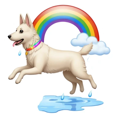 White belgian Shepard jumping over Rain puddles. There is a rainbow in the sky sticker