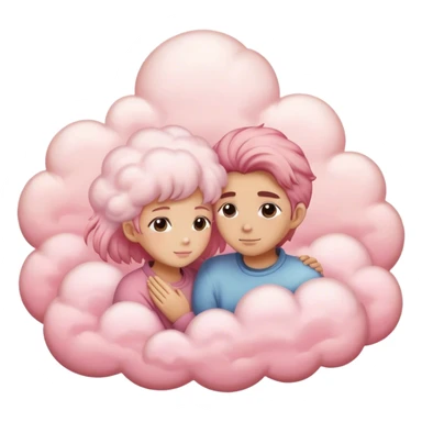 Two people embracing on pink clouds, their faces hidden, with wheat-toned skin. The clouds should be fluffy and pink, resembling cotton candy, like something out of a fairytale world. sticker