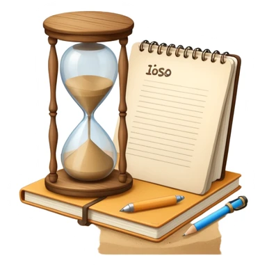 hourglass next to a notebook sticker