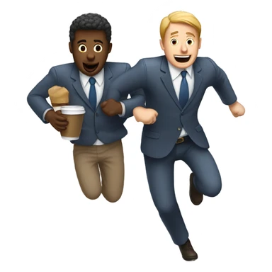 Two white men landing on flight and hurrying to get coffee sticker