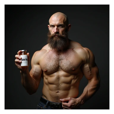 bodybuilder with beard, hyperrealistic, holding a vial with a label 'CARNITINA' in large block letters, 4k quality sticker