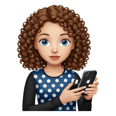 generate a pretty woman with blue eyes, light skin and medium brown curly shiny hair holding an iphone with a black and white polka dot case. she is looking at the phone and holding it in her hand. she is wearing a black long sleeve sticker