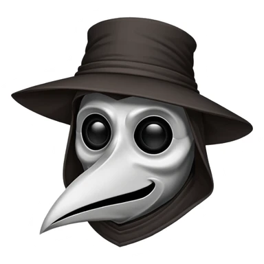 Morbid medieval plague doctor mask with a wide, sinister smile, visible in the empty eye sockets a tiny glow. Clean, stylized lines, flat vector illustration suitable for a small emote. Stylized as a medieval woodcut or metal engraving. Black and white with one accent color  sticker