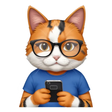 un gato de tres colores naranja, negro y blanco con gafas de leer con un celular en manos leyendo comentarios y que tenga una remera color azul oscuro que diga UOM sticker