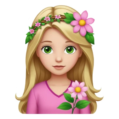 Girl profile picture with long browne and blonde hair and green eyes and a flower in her hair. and a pink outfit sticker