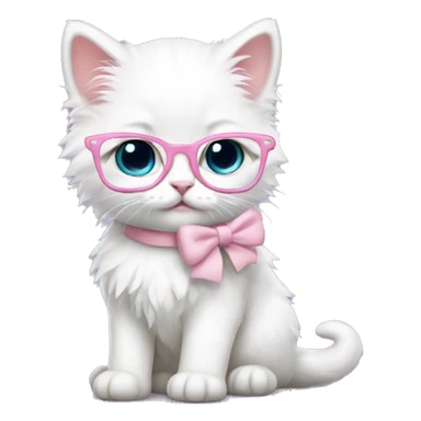 fluffy white kitten nerd with glasses and light pink bow sticker
