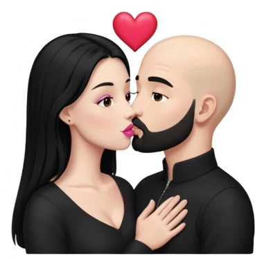 👩🏻‍❤️‍💋‍👨🏻 this one but the man should be bald. white woman with long black hair and white bald young man whoitiut hair and a heart between their heads. she has pink lips and both have brown eyes. he has e full beard but short. both wear black. they kiss slowly sticker