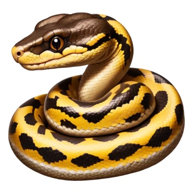 A photo-realistic digital illustration of a Ball Python, large headshot portrait. The snake has a short, rounded snout, smooth contours, and a calm, curious expression. Its head is warm brown with bold, irregular dark markings, including the signature “alien-head” pattern.  sticker