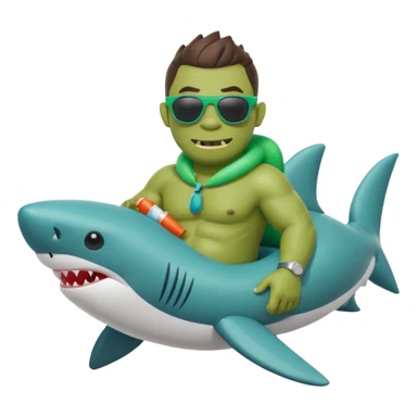 orc male sitting in an inflatable floatie shaped like a shark, wearing oversized sunglasses and a whistle on a neck cord, 2d sticker