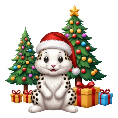 Smiling Bunny with Santa hat sitting by a Leopard as friends around brightly lit colorful Christmas trees and candy canes 🎁  sticker